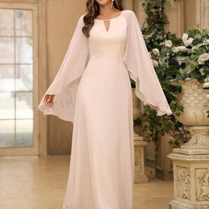 Women’s brand new long fancy elegant dress beige size small chiffon cloak sleeve
